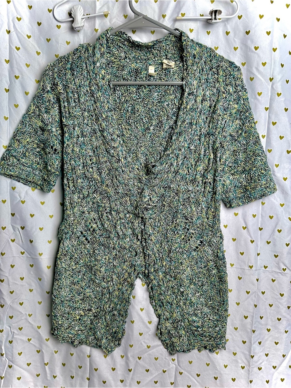 Moth Short Sleeve Knit Cardigan - Green teal gold Multi size small.